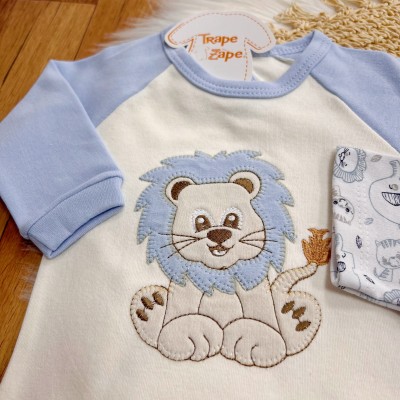 Conj. de Malha 3 peças - Leão Juba Colorida e Safari - Azul Bebê